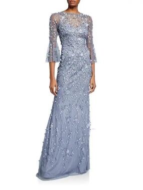 THEIA Hand Beaded Petal Appliqué Bell Sleeve Column Gown Size 8 Blue